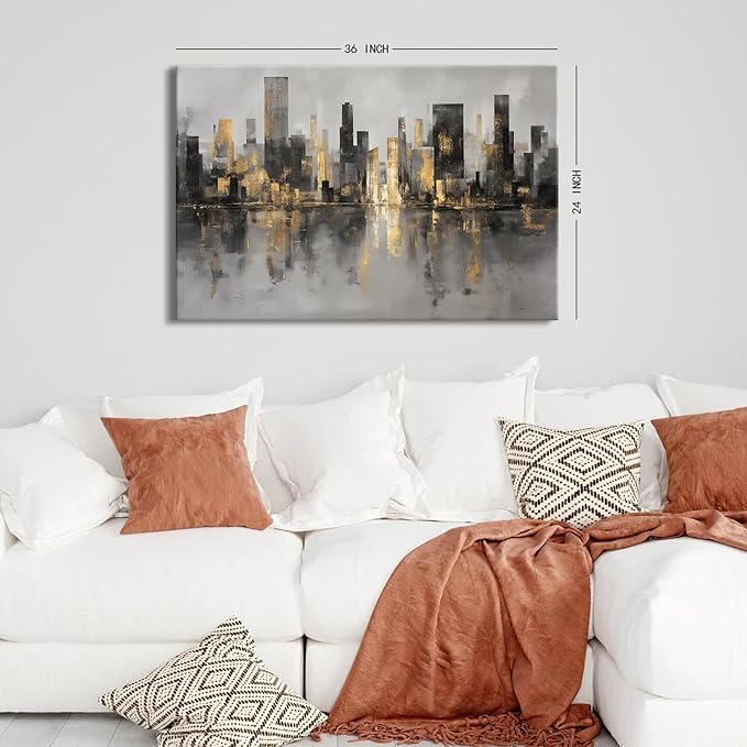 NYC Skyline Wall Art Abstract Cityscape Wall Pictures Black and Gold Landscape Canvas Prints Paintings Modern New York Aesthetic Framed Artwork for Bedroom Living Room Bathroom Home Decorations 24x36