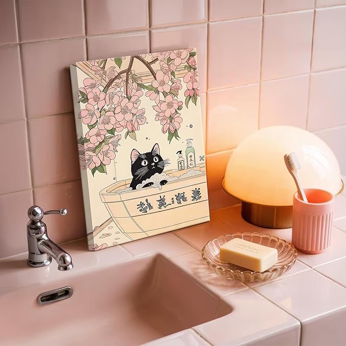 Funny Japanese Bathroom Wall Art Set of 3, Whimsical Black Cat Bathroom Wall Decor Painting Cute Japan Animal on Toilet Reading Poster Canvas Prints 12x16 inch Framed