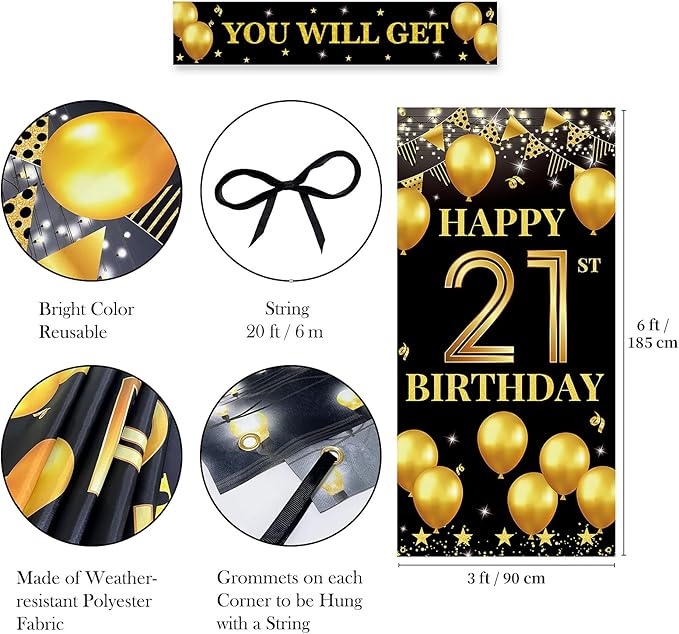 Vicycaty 21st Birthday Decorations for Him & Her, Fabric Happy 21st Birthday Banner Backdrop, 21 Photo Props, Wall Decor, Yard Sign Supplies,Party Decor for Men Women, Black Gold,Indoor Outdoor Use