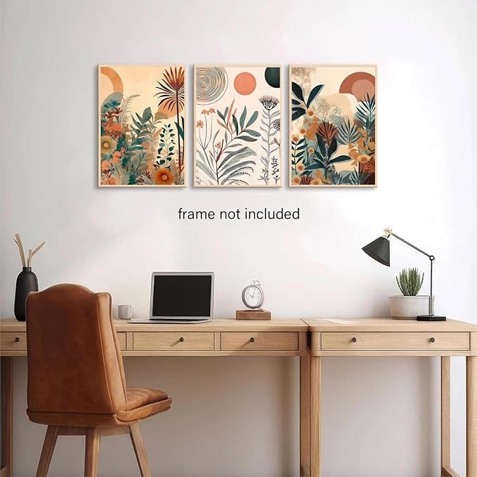 LYPHNX Boho Burnt Orange Botanical Floral Canvas Wall Art Abstract Terracotta Jungle Poster Pictures Set of 3 Flower Prints Painting Home Decor for Bathroom Bedroom Living Room 16"x24" Unframed