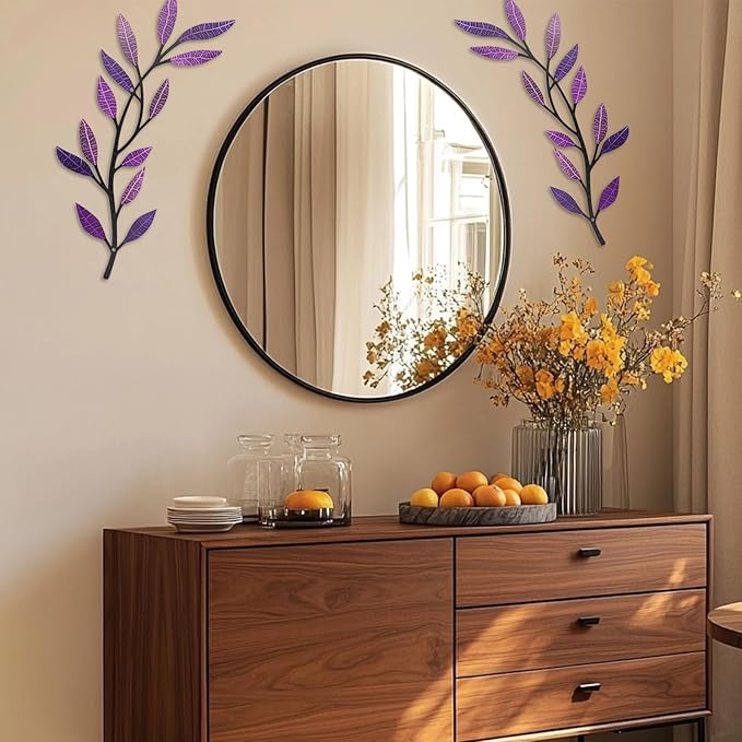 Metal Tree Leaf Wall Decor 2 PCS Rustic Vine Branch Leaf Wall Art for Living Room Bedroom Bathroom Decorations - Dazzling Purple