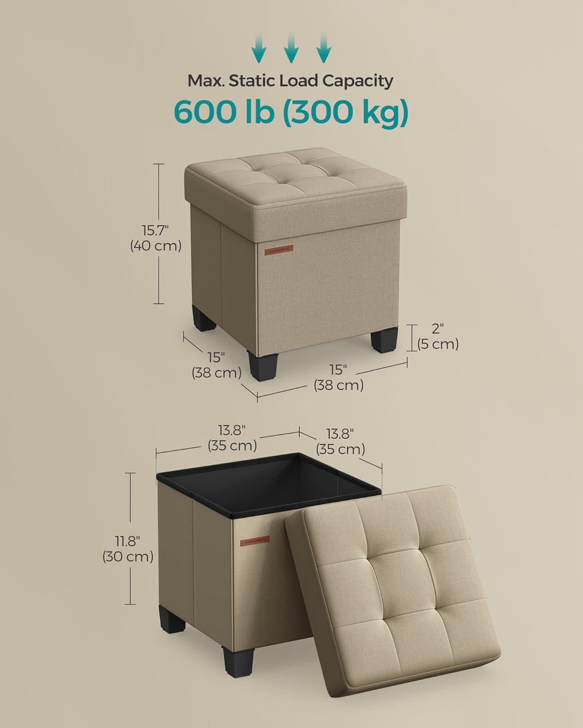 SONGMICS Storage Ottoman, Small Ottoman Foot Rest with Legs, 15 x 15 x 15.7 Inches Foot Stool, Load up to 660 lb, for Living Room, Bedroom, Dorm, Camel Brown ULSF014K01