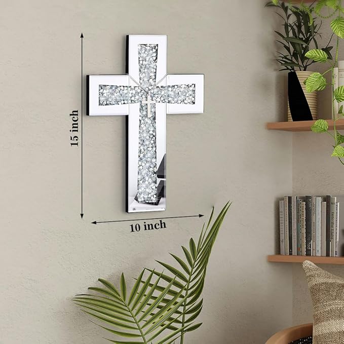 Cross Wall Decor, Silver Mirrored Cross for Living Room, Crystal Crush Diamond Mirror Crosses, Religious Wall Art, Home Decor