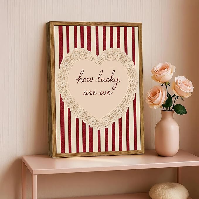 Framed How Lucky Are We Wall Art, Vintage Red Striped Pictures Wall Decor, Romantic Lace Heart Quote Paintings Canvas Prints Coquette Home Decor for Living Room Bedroom Bathroom 12x16 inch
