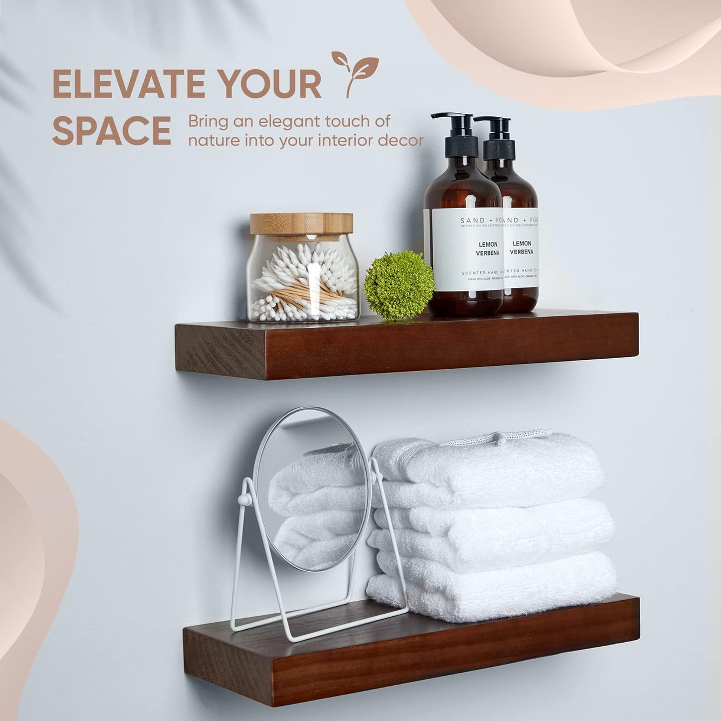 Homeforia Walnut Floating Bathroom Shelves, High End Solid Real Wood 16 inch Small Floating Shelf for Wall Mounted, Dark Brown 16inch Floating Shelves, Heavy Duty Bracket, 16 X 6.5 X 1.75 in, Set of 2