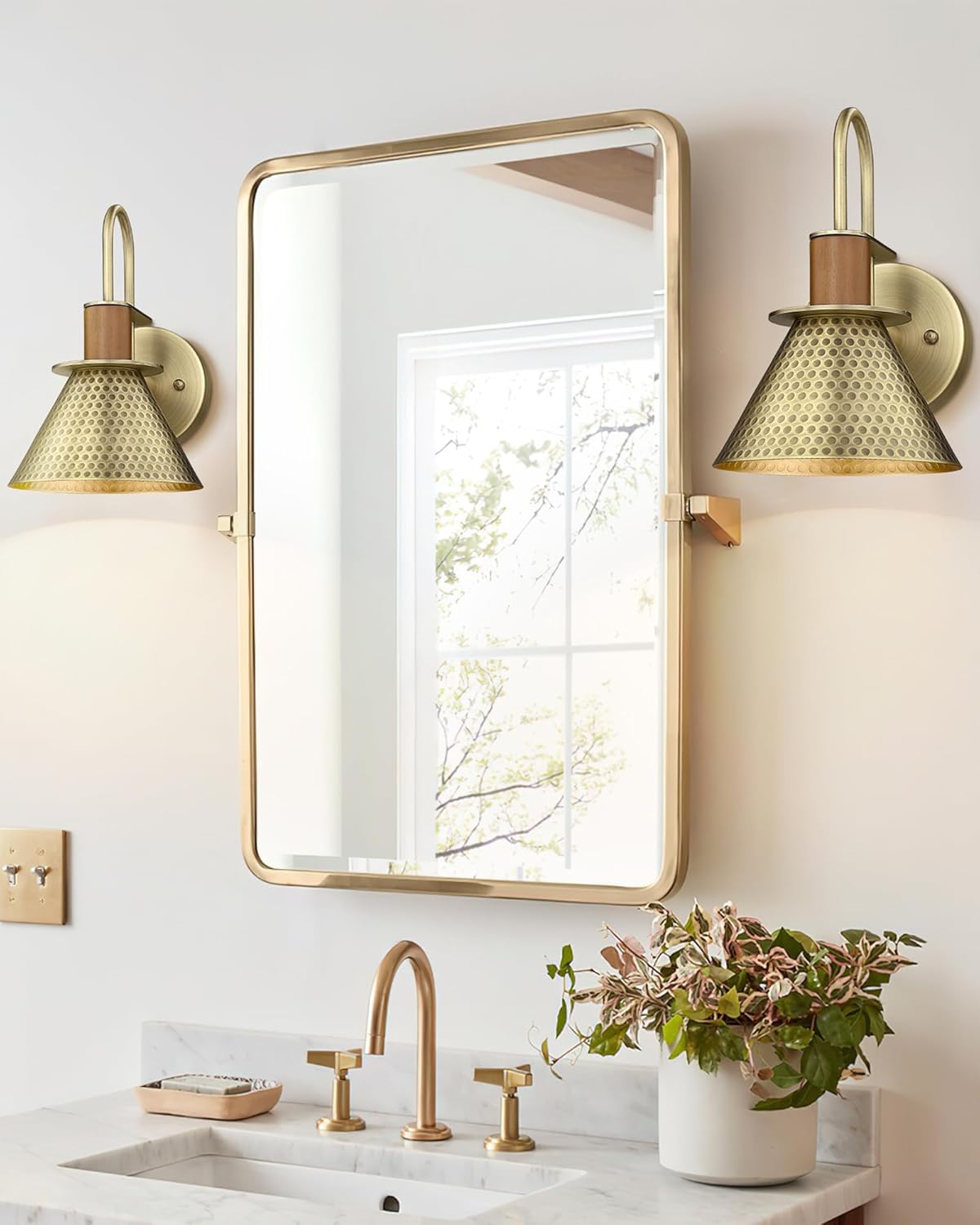 Industrial Wall Sconces Set of Two, HWH Indoor Wall Light Fixtures Gooseneck Barn Light, Single Wall Vanity Lamp for Bedroom Bedside Kitchen, Hammered Metal Shade, Antique Brass Finish, 5HZG74B-2L BG