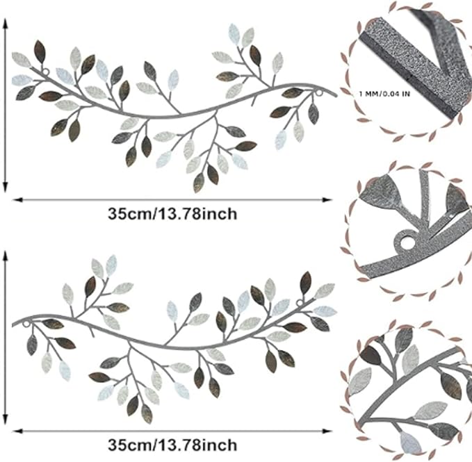 Hotop 2 Pieces Metal Tree Leaf Wall Decor Vine Olive Branch Leaf Wall Art Wrought Iron Scroll Sculptures Above the Bed, Living Room, Outdoor Decoration(Classic Style,Retro Color)