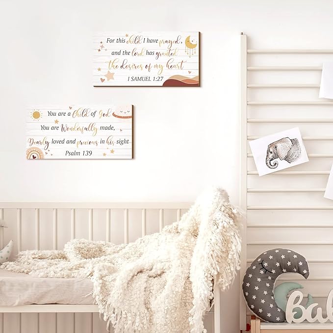 Yookeer 2 Pcs Wood Nursery Wall Decor for Girls Boys Baby Girl Room Decor Nursery Christian Wall Art This Child I Have Prayed Bible Quote Hanging Sign for Kids Home 12 x 6 Inch(Cute)
