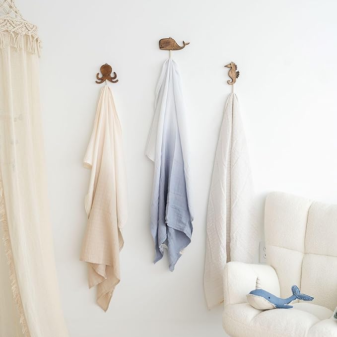 Crane Baby Sea Life Wooden Wall Hooks - Set of 4 Wooden Ocean Nursery Decor Towel Hooks