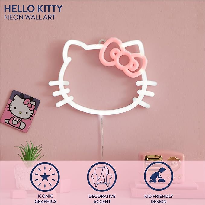 Hello Kitty LED Neon Wall Light,Figural Light-Up Wall Hanging Décor,Battery Operated,10" W x 7" H,Cute Night Light for Kids Bedrooms