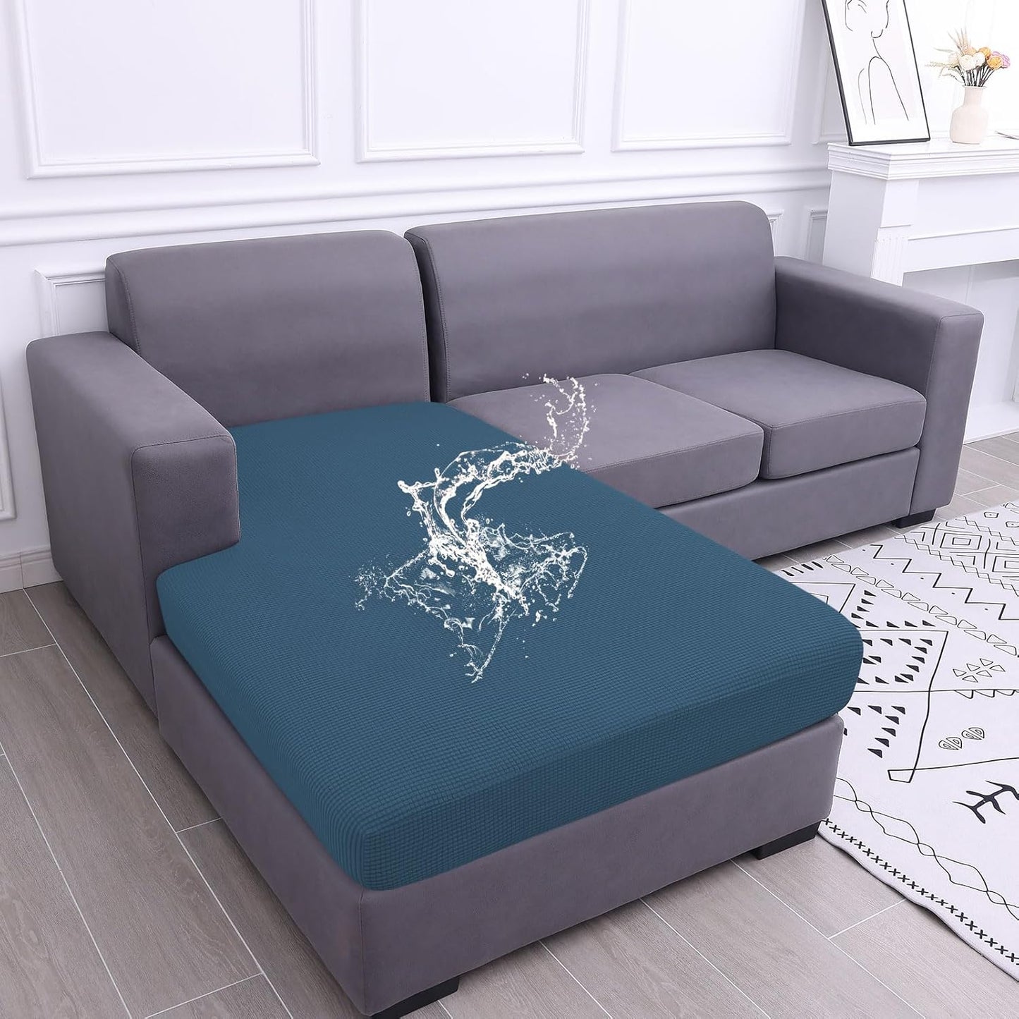 hyha Waterproof Sectional Couch Covers, Non Slip Sofa Couch Cushion Covers L Shape, Thick Stretch Jacquard Fabric, Washable Sofa Slipcovers with Elastic Bottom (1 Piece for Chaise, Blue)