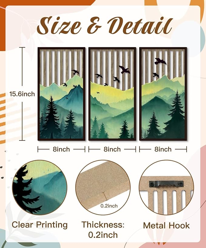 Putuo Decor Forest Mountain Wall Art Set of 3, Nature-Inspired MDF Cut-Out Panels with Bird and Tree Silhouettes, Rustic Wall Decor for Living Room Bedroom Cabin Office
