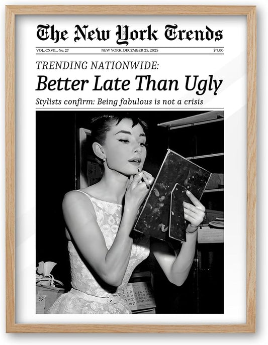 iHery Natural OAK Wood Audrey Hepburn Trendy Framed Wall Art, Better Late Than Ugly 12x16in Vintage Canvas Wall Decor, Retro Black and White Bathroom Artwork, Bedroom Apartment Girly Room 1Pack