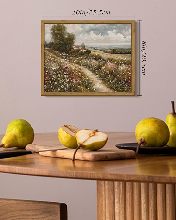 SHENIFY Vintage Landscape Framed Wall Art Rustic Countryside Wildflower Field Farmhouse Decor Retro Meadow with Flowers Painting for Kitchen Living Room Bedroom Bathroom - 8x10in Natural Framed