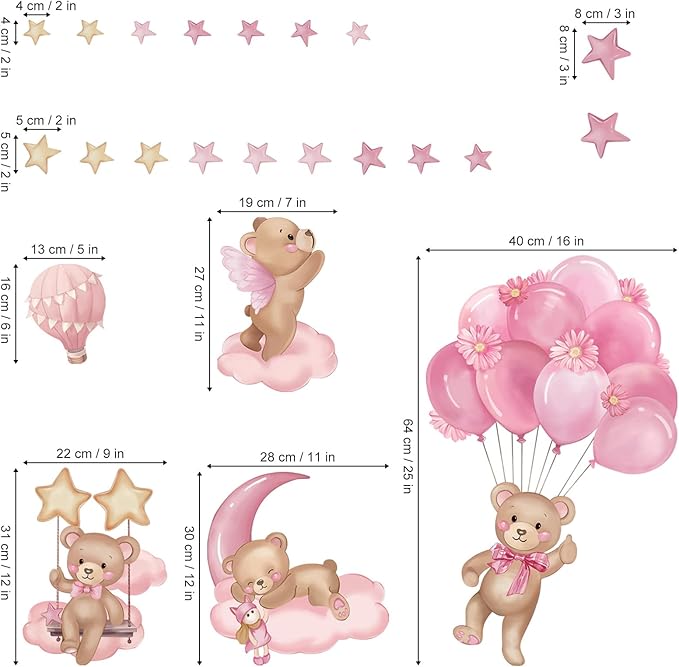 wondever Pink Balloon Bear Wall Stickers Hot Air Balloon Animals Clouds Stars Peel and Stick Wall Art Decals for Baby Nursery Kids Girls Bedroom