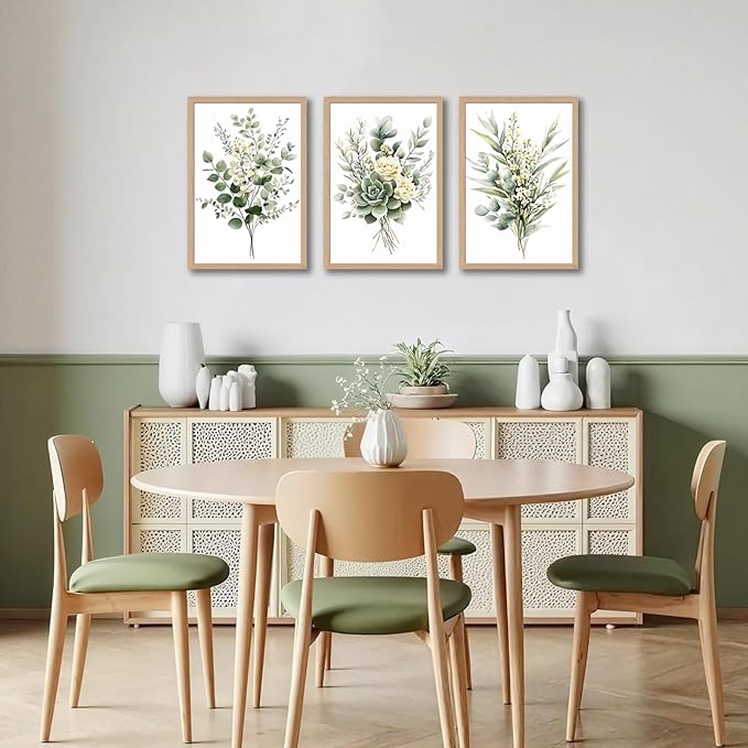 3Pcs Framed Vintage Botanical Wall Art Plant Floral Watercolor Canvas Prints Sage Green Painting Eucalyptus Leaf Picture Modern Minimalist Boho Bedroom Bathroom Living Room Ready to Hang 16x24in