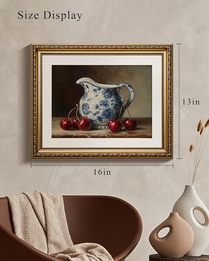 VIYYIEA Gold Framed Classic Still Life Wall Art, Vintage Blue and White Floral Pitcher with Sweet Red Cherries, Elegant Kitchen Wall Decor | Zero-Glare No Glass Design | 13x16 Inch