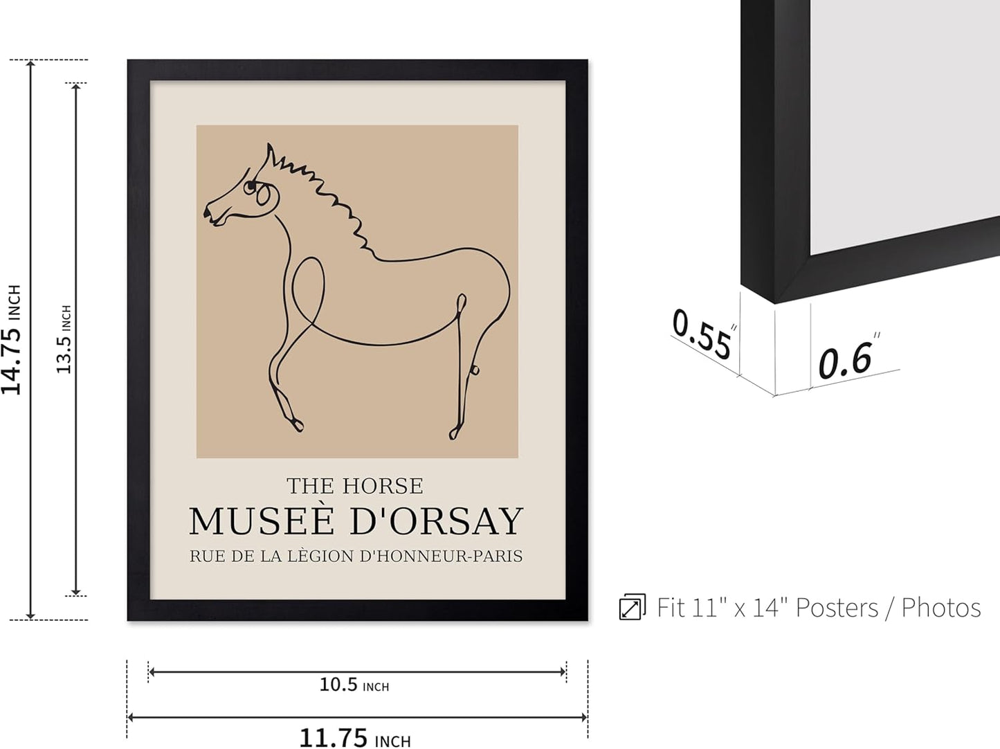 Poster Master Vintage Poster - Retro Minimalist Print - Gift for Artist, Friend - Horse, Line Drawing, Sketch, Abstract - Wall Decor for Living Room, Bedroom, 11x14 Black Framed