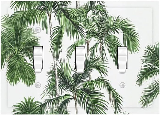 Decorative Switch Plates Palm Trees Tropical Green Plant Palm Leaf 3 Gang Wall Plate Triple Toggle Light Switch Cover Faceplate Electrical Wall Panels For Bed Room Bathroom Decor