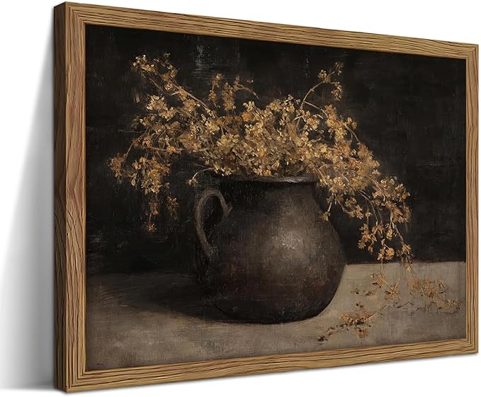 Vintage Dark Framed Wall Art, Farmhouse Floral Autumn Painting, Cottagecore Botanical Vase Wall Decor, Country Cottage Pictures Aesthetics Canvas Print for Living Room Bedroom – 12x16 inch