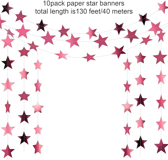 Patelai Glitter Star Garland Banner 2026 Graduation Decor 130 Feet Star Hanging Banner Twinkle Backdrop for Party Birthday Classroom Wedding Supplies(Rose Pink)