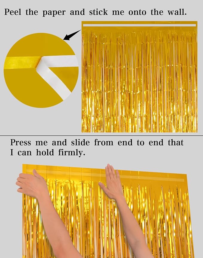 Foil Fringe Curtains Party Decorations for 2026 NYE - Melsan 3 Pack 3.2 x 8.2 ft Tinsel Curtain Party Photo Backdrop for Birthday Party Baby Shower or Graduation Decorations (Pure Gold)