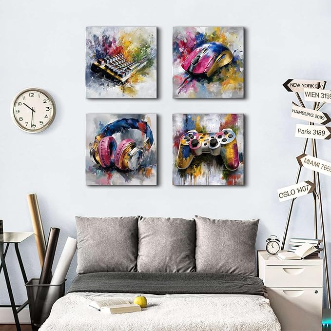 Large Gaming Wall Decor Colorful Gamer Canvas Art Pictures Watercolor Game Controller Headset Keyboard Mouse Paintings Posters Abstract Games Room Decorations for Teens Boys Bedroom Playroom 20x20”
