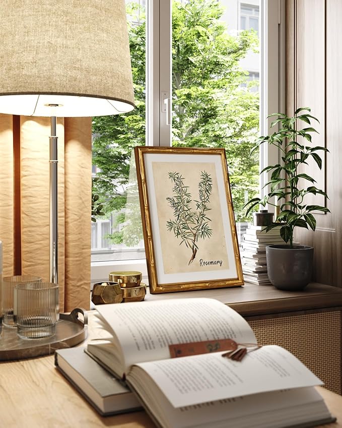 InSimSea Gold Bamboo Framed Canvas Wall Art, Retro Herbs Rosemary Botanical Paintings, Antique Vintage Picture Frame with Mat, Victorian Home Wall Decor for Living Room Kitchen Dining, 11x14inch