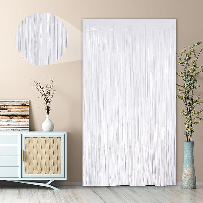 UWPVOWSR White Fringe Curtain Party Streamers 2Pack 3.3 x 8.3 Ft Foil Fringe Backdrop Curtains for Birthday Wedding Bridal Baby Shower, Holiday Tinsel Streamers White Party Decorations Door Streamers