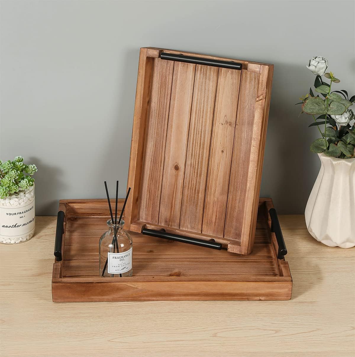 Set of 2 Decorative Nested Wood Vintage Serving Tray with Black Stainless Steel Handles for Eating, Breakfast in Bed,Kitchen,Ottoman Trays, Coffee Table Trays Farmhouse Tray