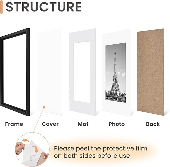 upsimples 8.5x11 Picture Frame Set of 5, Display Pictures 6x8 with Mat or 8.5 by 11 Without, Wall Gallery Photo Frames, Black