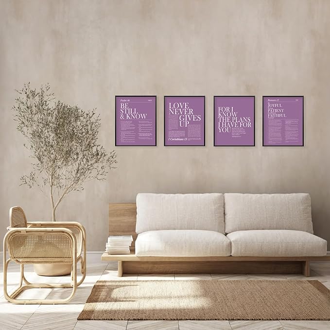 Locomiss Purple Christian Wall Art Decor, Modern Bible Verse Prints, Minimalist Jesus Scripture Wall Decor, Purple Inspirational Bible Posters for Bedroom Office Living Room, Set of 4 (8x10 Unframed)