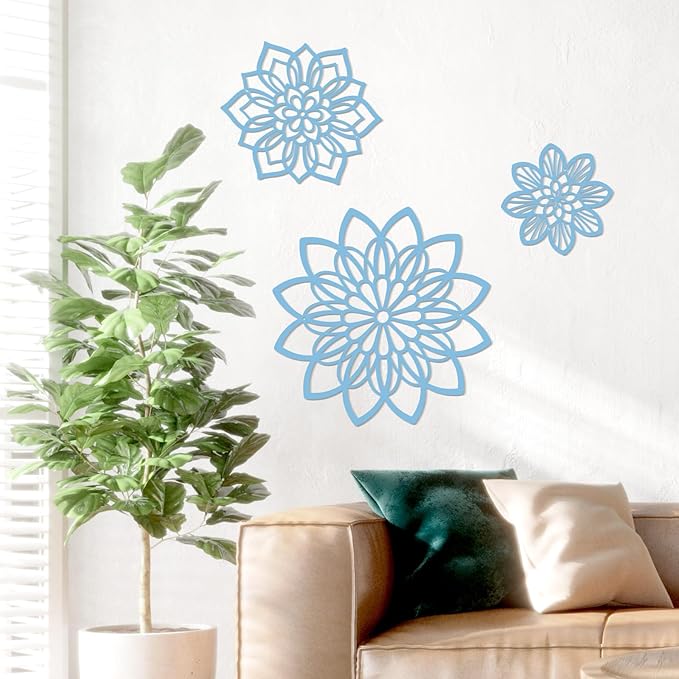 Zzbakress 3 Pieces Metal Flowers Wall Decor, Black Wall Decors Metal, Flower Art Wall Decor Farmhouse Wall Decorations Multiple Flowers Hanging Decor for Bathroom Living Room Home Kitchen Garden Office (Blue Elegant)
