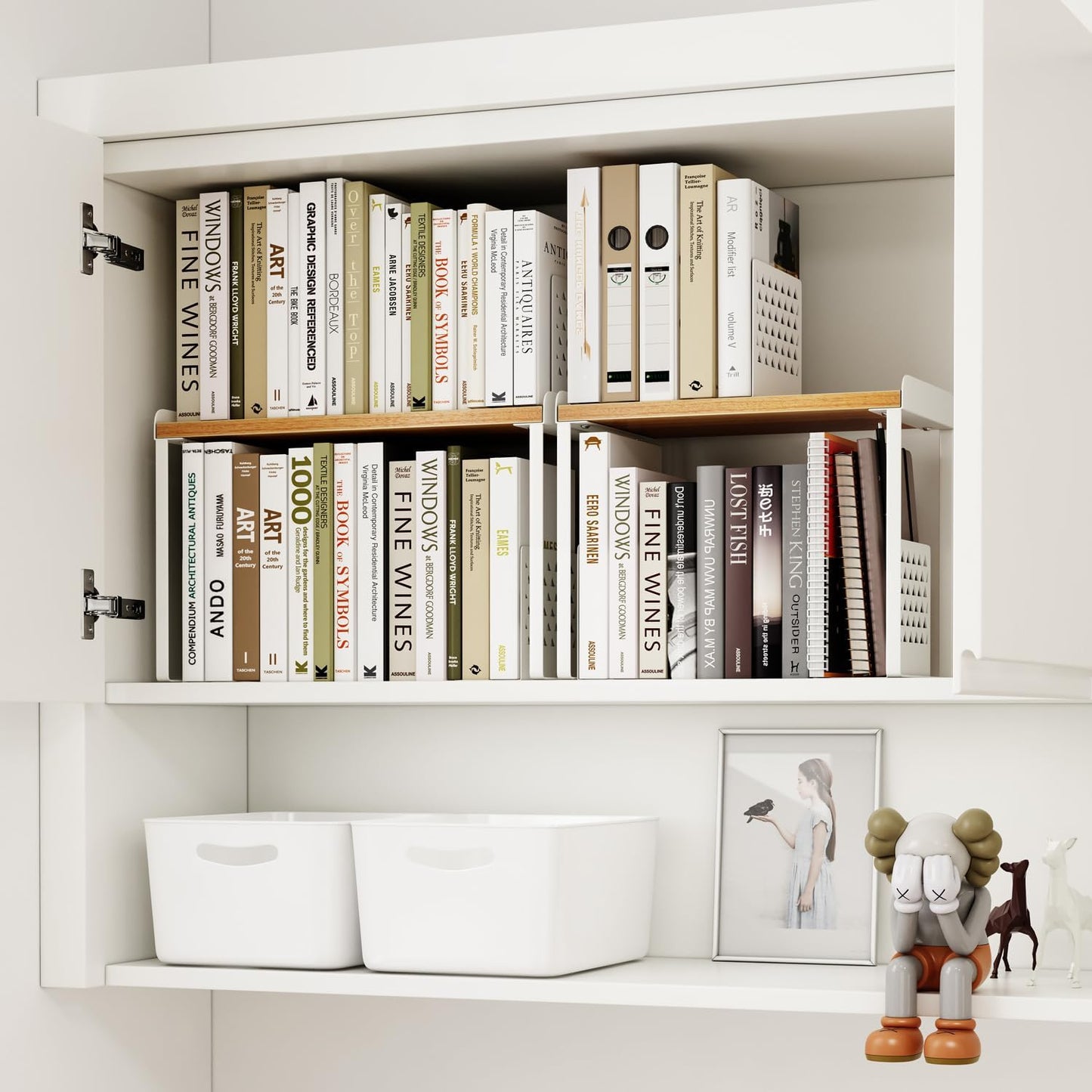 Mitus Shelf Organizer and Storage, Tiered Wood Cabinet Rack for The Kitchen Counter, Bathroom Counter, Pantry Cupboard, Office Desk Bookshelf, 16" Wide Natural and White