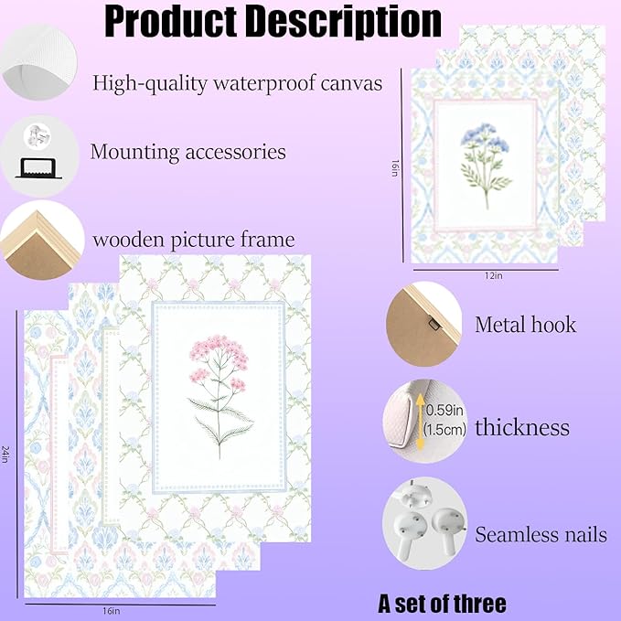 Wildflower Nursery Wall Art Decor Baby Girl Room Canvas Prints Pastel Floral Wall Art Botanical Flower Pictures Pink Blue Wildflower Painting Artwork for Baby Nursery, Kids Room, or Girls Bedroom, Boho Nursery Wall Decor16x24 Inch Framed