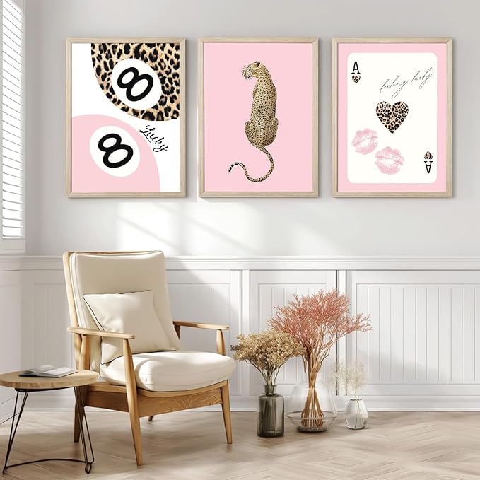 Trendy Leopard Wall Art Cheetah Print Canvas Wall Decor 8 Ball Poster Preppy Room Aesthetic Pictures Funky Coquette Vintage Prints Y2k Fashion Lucky Posters for Bedroom 12x16x3 Inch Framed