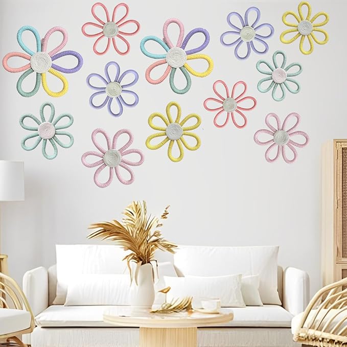 KUNHEHO Boho Wall Decor Set of 6 Daisy Flower Wall Decor Nursery Bedroom Decor Bohemian Macrame Wall Hanging Decor for Nursery Home Bedroom ((Vivid Colors)