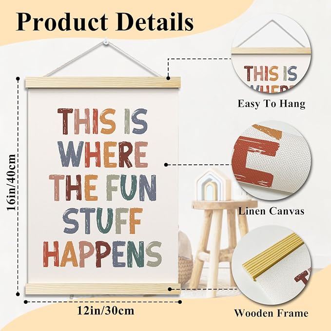 This is Where All The Fun Stuff Happens Posters Hanger Frame for Playroom Boho Hanging Poster for Nursery Classroom Decor Wall Art Decor for Kid Room Canvas Wall Art Print 16x12 Inches - YY057
