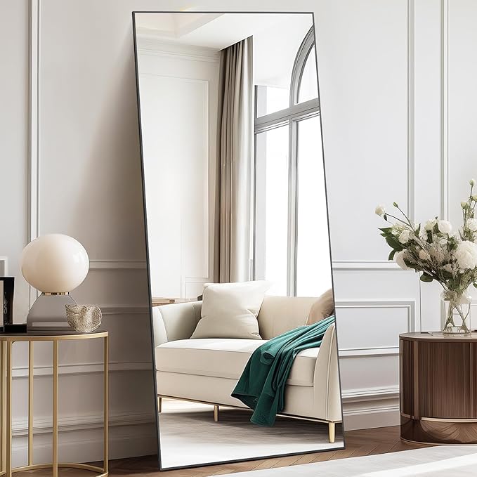 DUMOS Full Length Mirror with Stand 64"x21" Floor Standing Aluminum Frame for Bedroom Body Hanging Leaning Modern Simple Home Decor Shatter-proorf Nano Glass for Wall Living Room Cloakroom Black