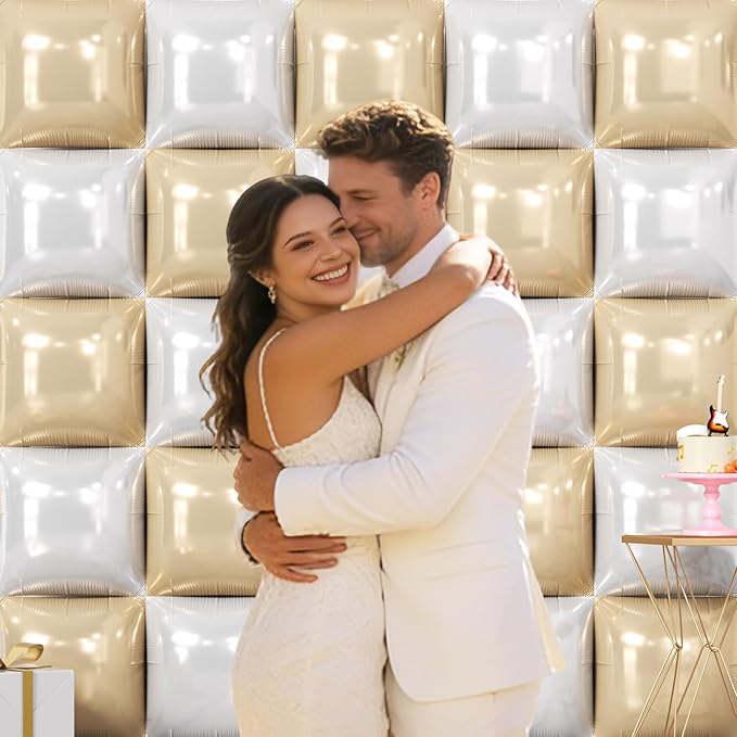 NISOCY 25PCS Beige White Square Foil Balloons Wall Backdrop Double Sided Sand Pearl White Balloon Arch Kit for Birthday Baby Bridal Shower Graduation Gender Reveal Engagement Party Decoration