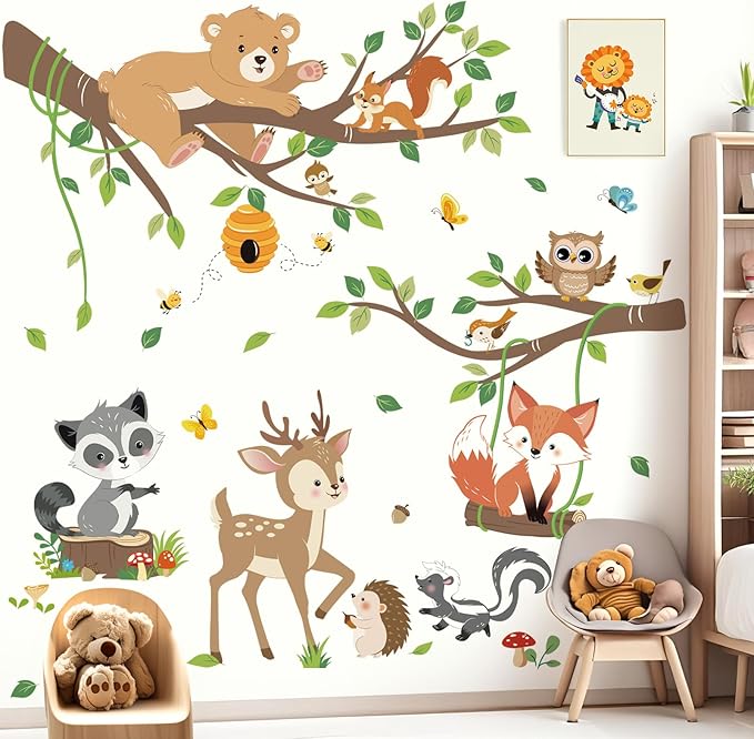 decalmile Woodland Animals Tree Branch Wall Decals Forest Animals Bear Deer Fox Wall Stickers Living Room Baby Nursery Kids Room Wall Decor