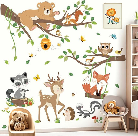 decalmile Woodland Animals Tree Branch Wall Decals Forest Animals Bear Deer Fox Wall Stickers Living Room Baby Nursery Kids Room Wall Decor