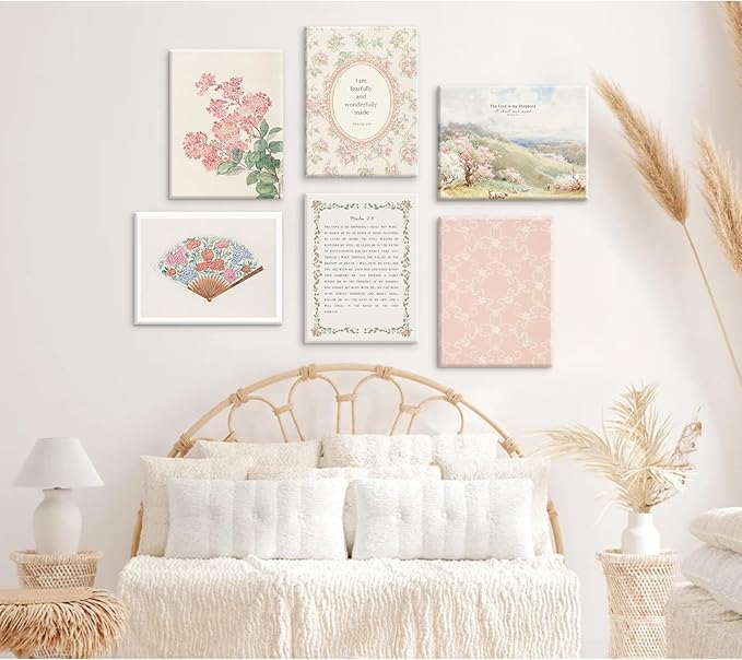 Christian Nursery Wall Art Bible Verse Canvas Wall Decor Girl Floral Wall Art Aesthetic Scripture Pictures Jesus Religious Posters Pink Flower Prints Vintage Artwork for Bedroom 8x10x6 Inch Framed