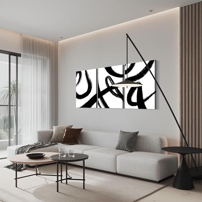 3Pcs Framed Abstract Black and White Canvas Wall Art Minimalist Brushstroke Line Prints Modern Home Gallery Style Picture Painting Posters Bedroom Living Room Office 12x16 Inch Ready to Hang