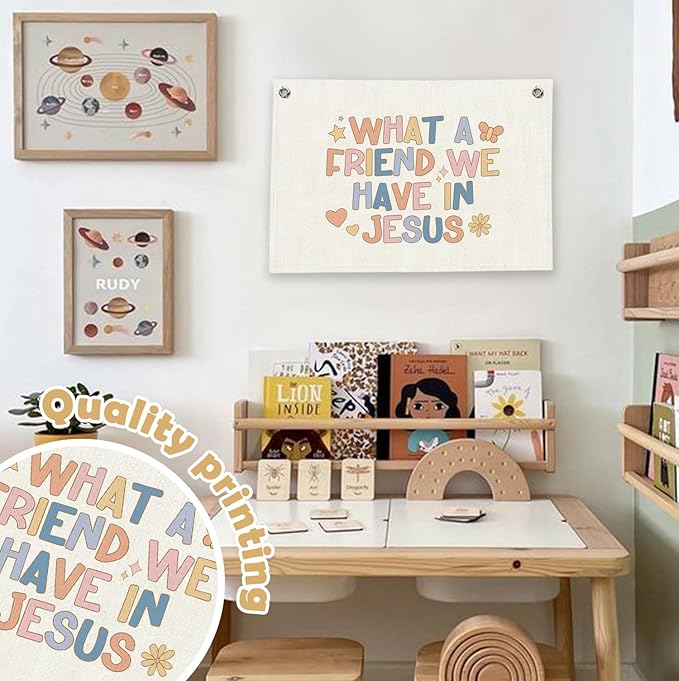 RTXLEZM Kids Room Decor, What a Friend We Have Jesus Pastel Bible Verses Canvas Banner Wall Hanging,Religious Wall Banner Decor for Kids Boys Girls Bedroom Room Playroom, 20x30 Inch