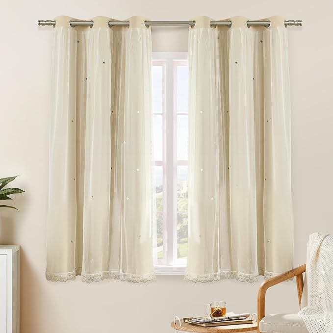 XiDi Beige Curtains with Sheer Overlay for Living Room Bedroom 2 Panels Star Hollow Out 80% Blackout Double Layer Curtains for Kids Girls Room Darkening Grommet Window Drapes with Tiebacks W34 X L63