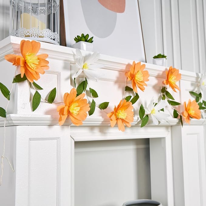 EASY JOY Crepe Paper Flowers Banner White Orange Floral Banner Spring Hanging Paper Flower Leaves Garlands for Spring Birthday Wedding Home Decorations