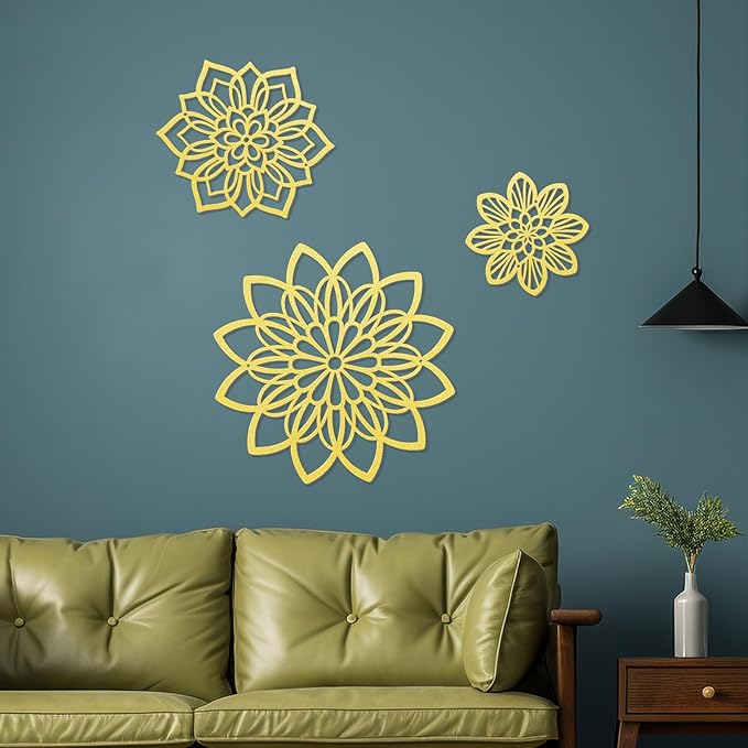 3 Pieces Metal Flowers Wall Decor, Black Wall Decoration Metal, Flower Art Wall Decor Farmhouse Wall Decorations Multiple Flowers Hanging Decor for Bathroom Living Room Home Kitchen Garden Office (Gold Elegant)