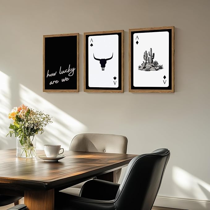 Western Wall Art Set of 3, Southwestern Cowboy Playing Card Wall Decor, Longhorn Bull Skull and How Lucky are We Poster Canvas Painting Prints for Bedroom Living Room 16x24 inch Wood Framed