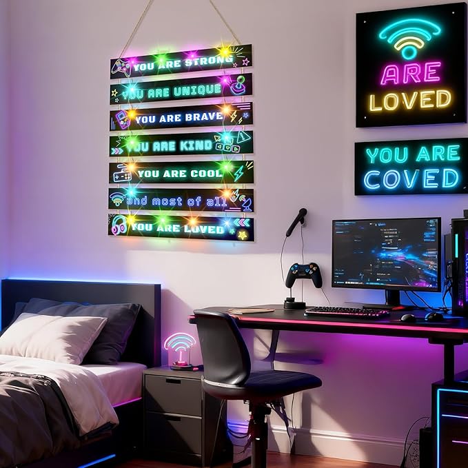 FIOBEE Girls Room Décor for Teen Girls Boys with LED Light Wall Decor for Bedroom Motivational Inspirational Wall Art Girl Room Decoration for Kids Studyroom, 8 Kinds of Lights, Black Green